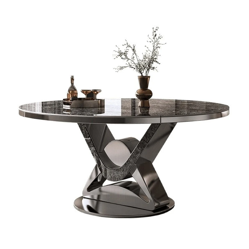 

Stainless steel round dining table and chair combination light luxury rock slab telescopic folding dining table