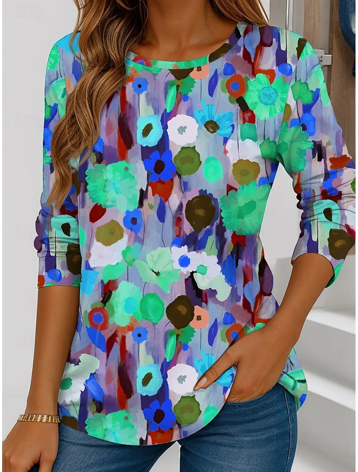 Summer Fashion Women's Floral Graphic Elegant Round Neck Long Sleeve T-Shirt Y2K Casual Tops Womens Clothing Harajuku Pullover