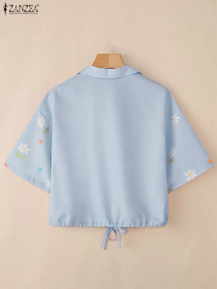2025 zanzea boêmio verão floral impressão camisas blusas femininas manga curta casual túnica topos solto bandagem lapela moda blusas