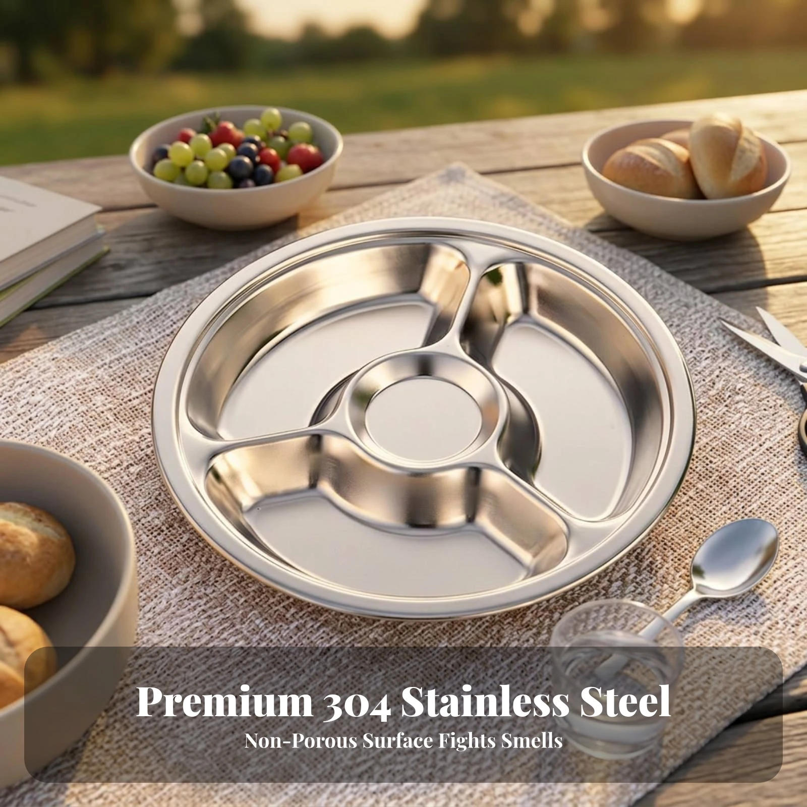 Stainless Steel Plate with Compartments Unbreakable Divided Plate with Sections Divided Food Tray Stackable Rust Resistant