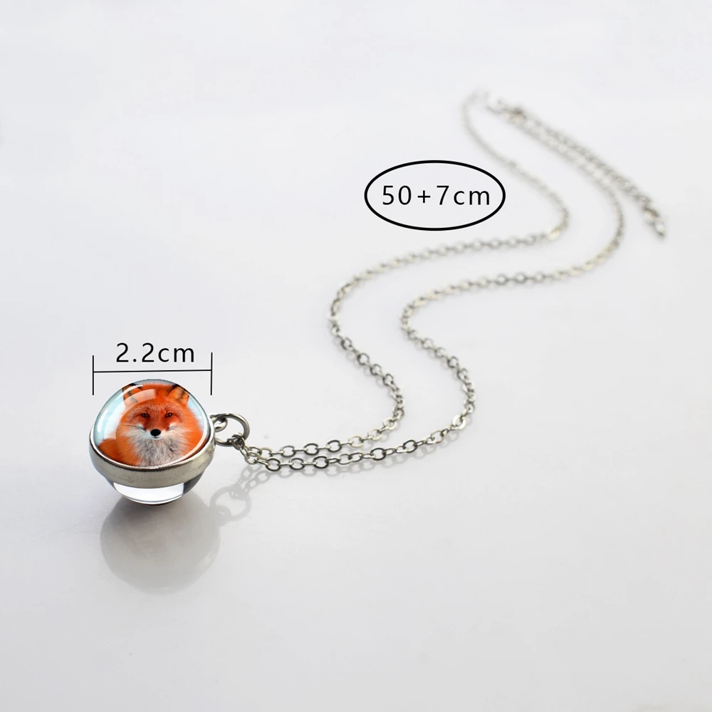 Lovely Red Fox Necklace for Women Men Cute Animal Double Side Glass Ball Pendant Alloy Chains Necklaces Fashion Jewelry Gifts