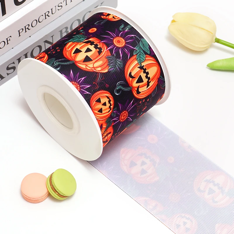 5 Yards Bat Black Cat Halloween Printed Grosgrain Satin Ribbons For Bows DIY Craft Decoration Packaging Supplies. 83544