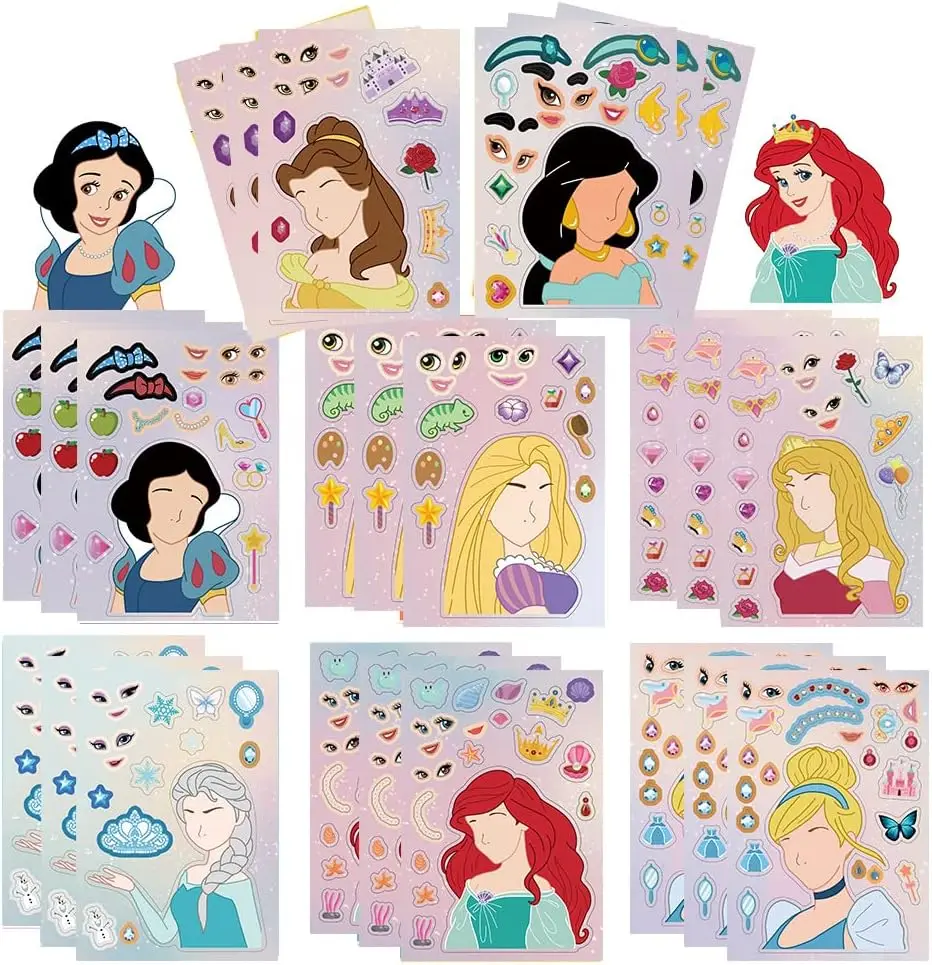 6/12pcs Princess Stickers for Kids Make Your Own Princess Stickers Aurora Make a Face Sticker Classroom Rewards Party Supplies