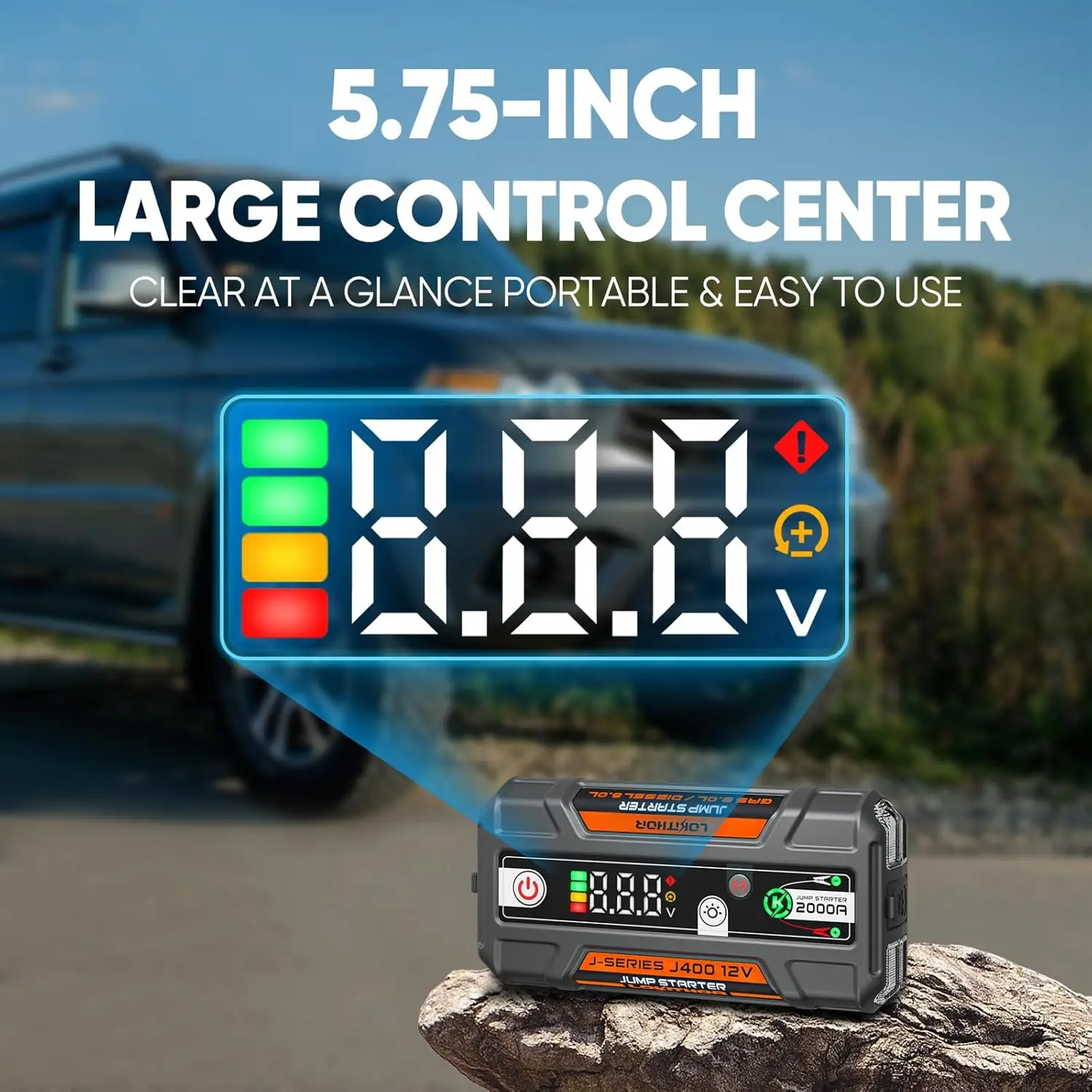 เครื่องช่วยสตาร์ทรถยนต์แบบพกพา J400 2000A 12V ใช้แบตเตอรี่ลิเธียม พร้อมพอร์ต USB-C สำหรับชาร์จแบตเตอรี่ และสายจั๊มพ์สตาร์ท สำหรับเครื่องยนต์เบนซินสูงสุด 8.0 ลิตร และดีเซลสูงสุด 6.0 ลิตร