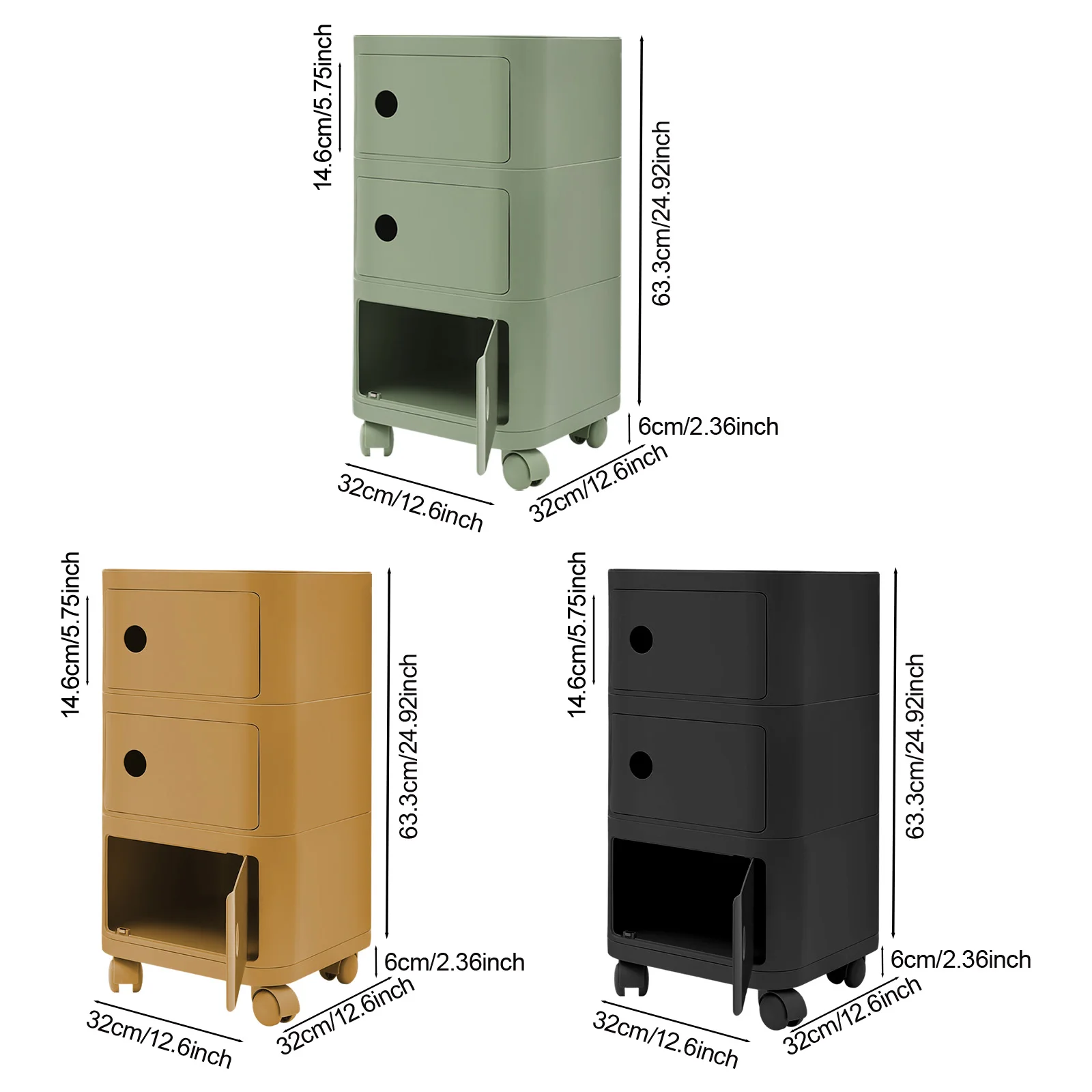 3-stöckiger kreativer Nachttisch, Nachttische, Nachttisch mit Rollen, Gelb/Grün/Schwarz, für Schlafzimmer, Wohnzimmer – Detail 3