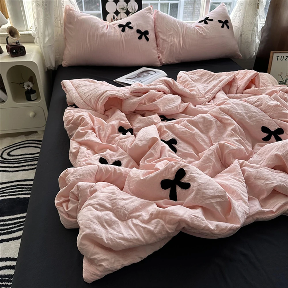 Korean Style Water Washed Cotton Bow Towel Embroidered Summer Quilt Soft Air Condition Blanket Skin Friendly Machine Washable