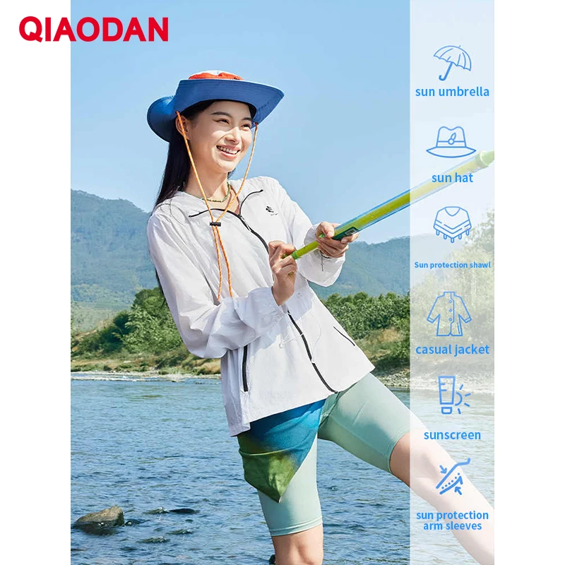 

QIAODAN Women Summer Anti-UV Jackets 2025 Thin Hooded Sun Protective Windbreaker Outdoor Hiking Sunscreen Outerwear QXFFD2252084