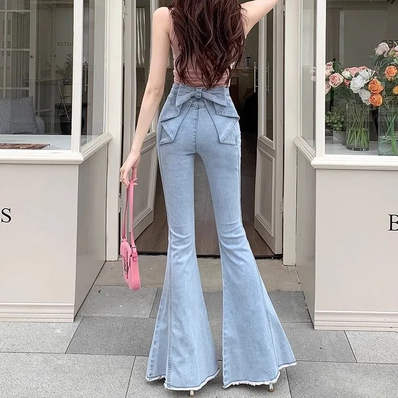 Bow Tie Jeans Women's American Vintage Three-dimensional Micro-large Summer Thin Pants New High-waisted Skinny Hip Flare Pants