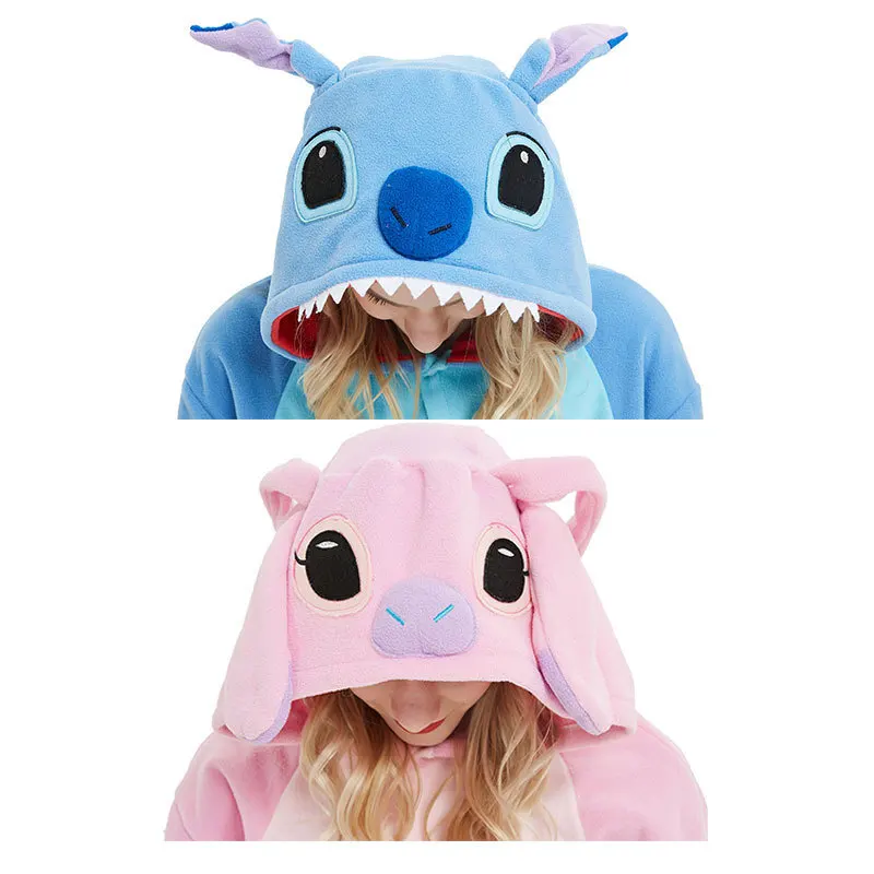 Halloween Fleece Cartoon Stitch Angel Jumpsuit Pajamas, Blue Pink Stitch Couple Home Casual Hooded Clothes, Performance Clothes