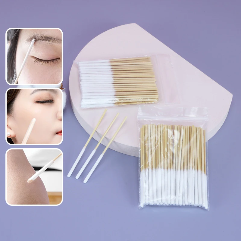 30pcs Bag Bamboo Cotton Stick Swabs Buds With Long Cotton Head For Eyebrow Lips Eyeline Permanent Tattoo Makeup Cosmetics