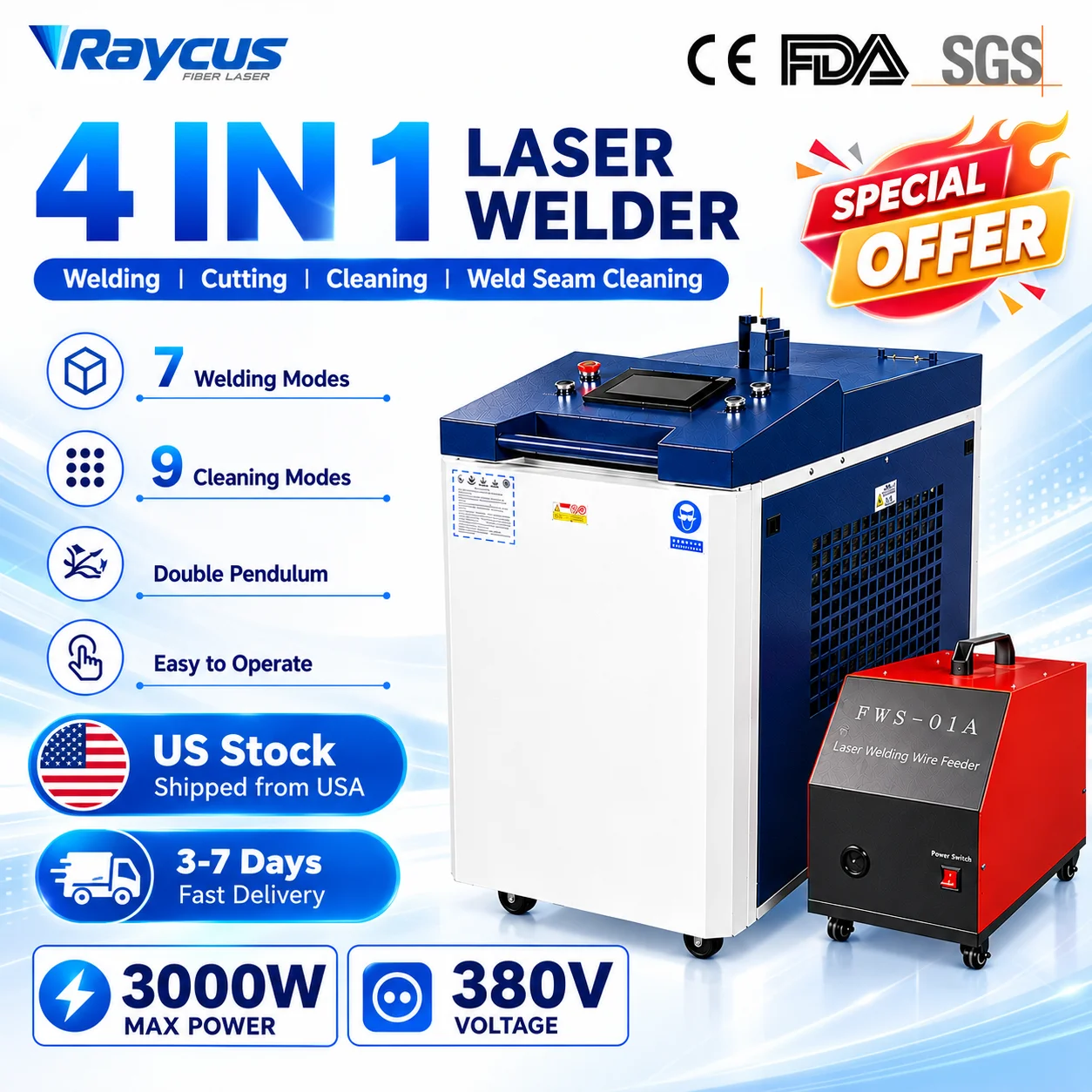 3000W Raycus 4 IN 1 Laser Welder Double Pendulum Laser Welding Cleaning Cutting Machine Auto Wire Feeder S&A Water Chiller