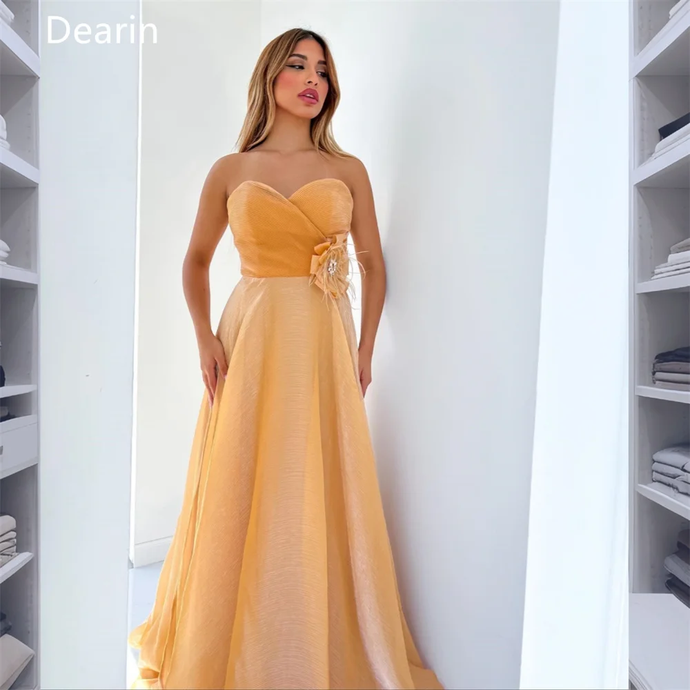 

Evening Gown Prom Saudi Arabia Dearin Sweetheart A-line Floor Length Sequin Skirts Draped Flower Bespoke Occasion Dresses Formal