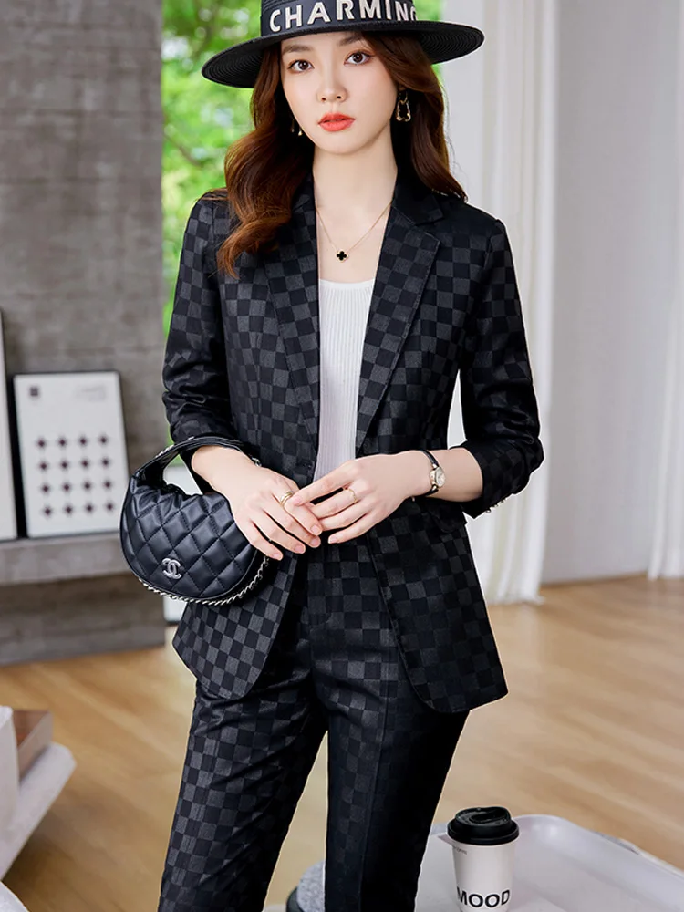 Women's Spring Autumn New Fashion Plaid Professional Suit Jacket Matching Set Korean Elegant Casual Blazers Pants Two Piece