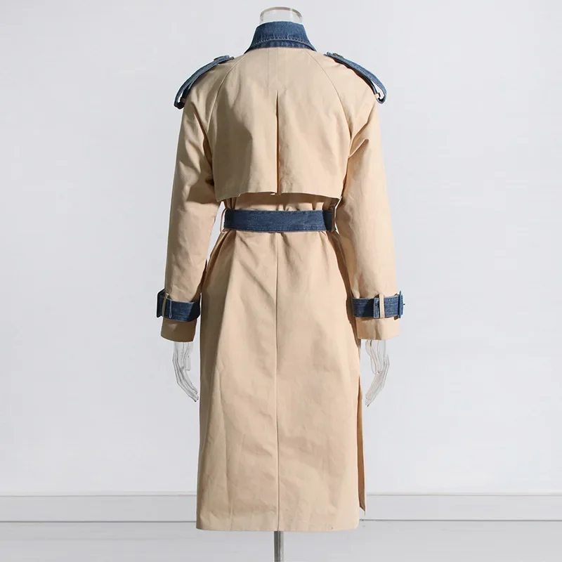 Trench coat feminino longo, corta-vento elegante, contraste de cor, roupa de negócios casual, escritório