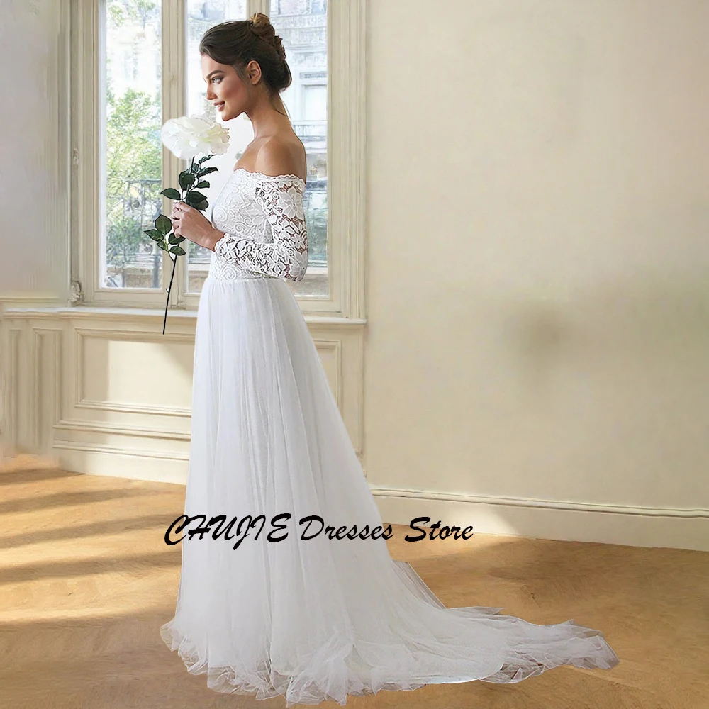 

White Lace Long Sleeves Wedding Dresses A Line Pleated Plus Size Tulle Bridal Gowns Vestido de novia Customized Свадебное платье