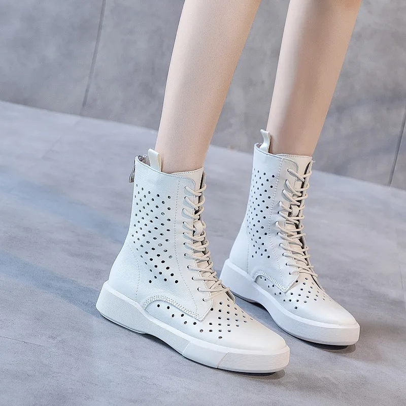 DRKANOL Fashion Women Summer Cool Boots Hollow Out Breathable Genuine Leather Flat Heel Soft Bottom Comfort Trend Mid Calf Boots