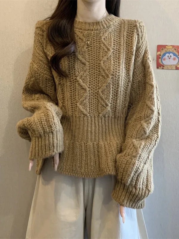 

Женский утепленный вязаный свитер с длинными рукавами, круглым вырезом, рукавами-фонариками, подчеркивающий талию, однотонный, осенне-зимний хит продаж