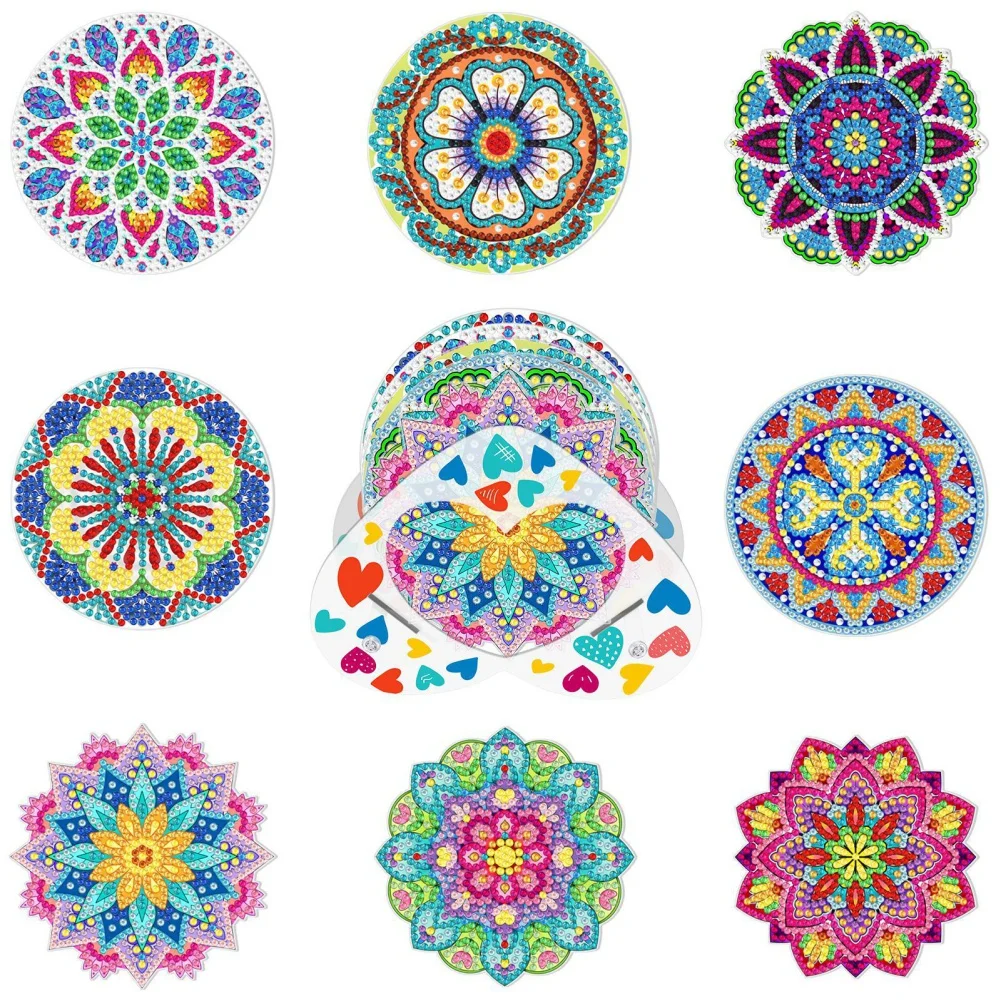 8pcs/set Round Mandala Coaster Diamond painted coasters Heat-resistant Mug Pot Glass Coaster Coffee Placemats Pad