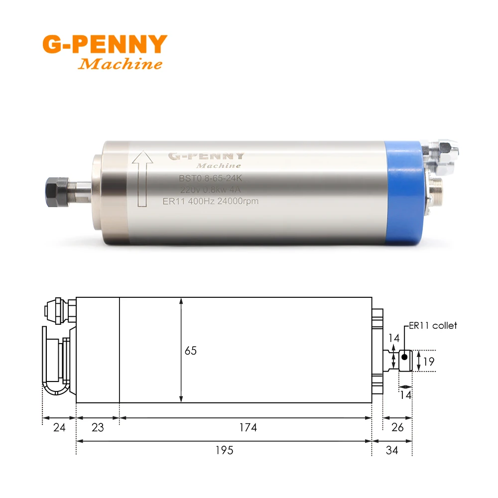 G-Penny 110V/220V 800W ER11 Spindle Motor Water Cooled 24000rpm 65mm 0.8kw 400HZ for Wood Working