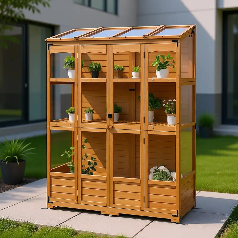 

Walk-in Outdoor Wooden Greenhouse with Openable Roof and Lockable Door, 0899, Natural Finish