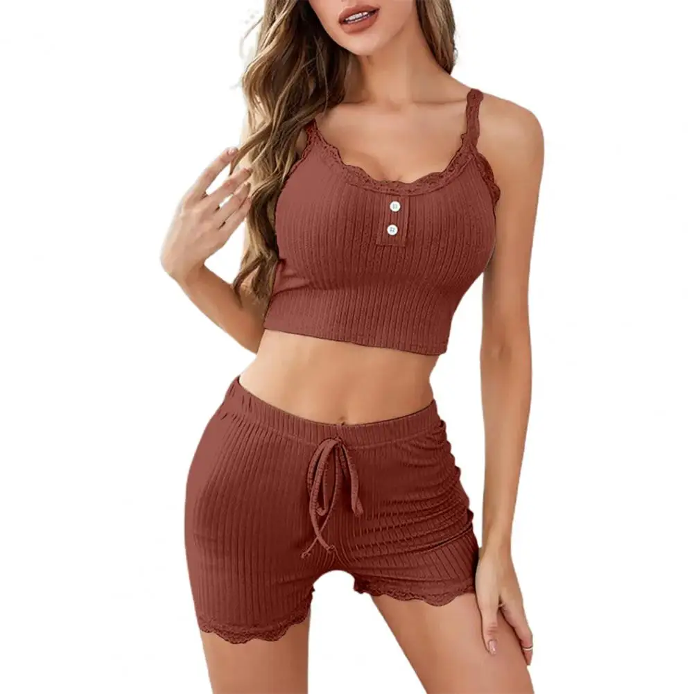 

2025 женский кружевной пижамный комплект, жаккардовая домашняя одежда в рубчик, женский кружевной топ с v-образным вырезом, шорты с высокой талией, летний пижамный наряд