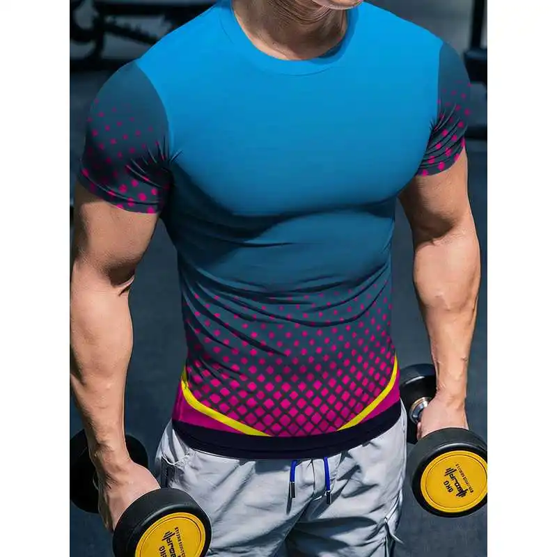 Men's High-Elasticity Quick-Dry Blue-Pink Gradient Fitness Apparel Short-Sleeved Slim-Fit Breathable Training Shirt for Sports