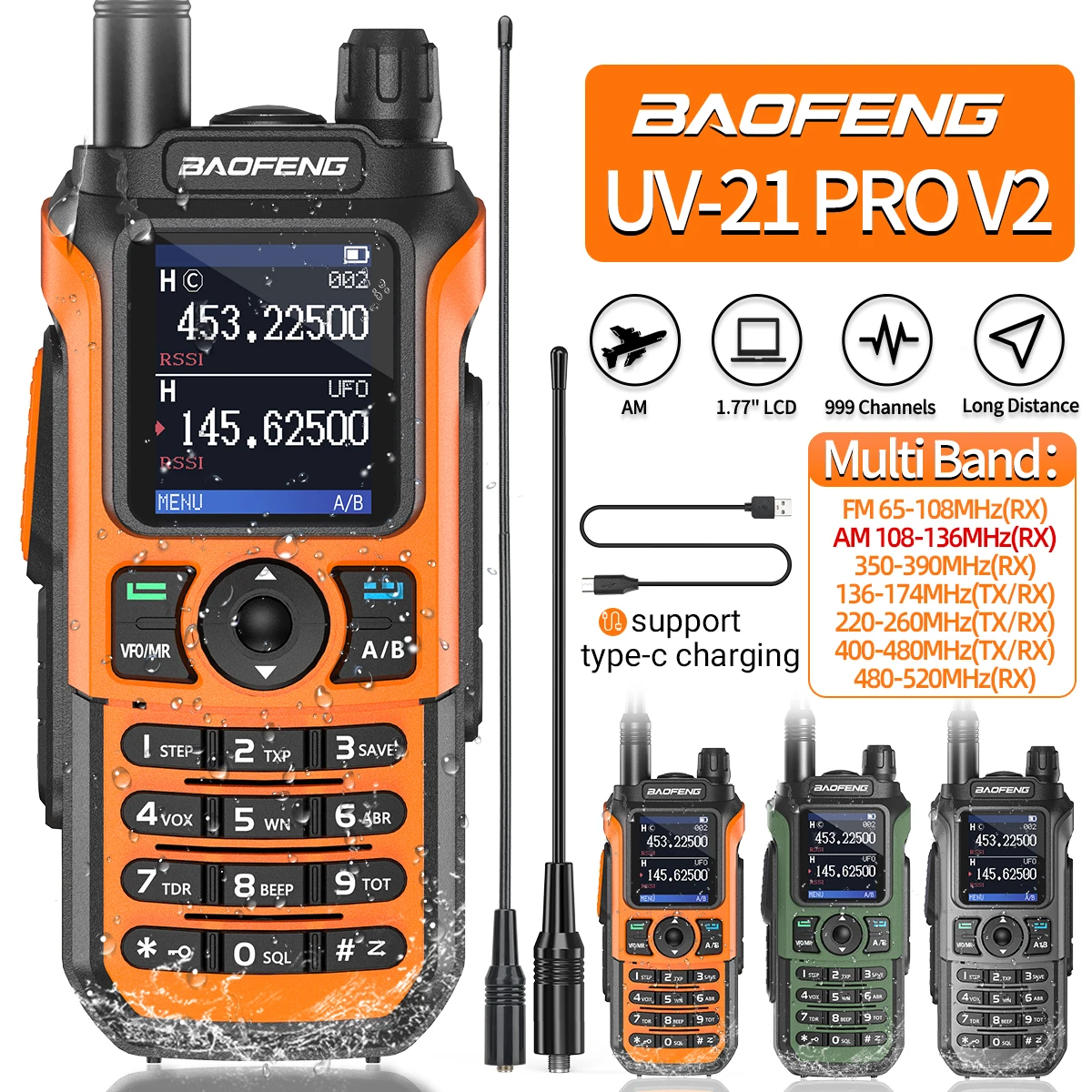 Baofeng UV-21 Pro V2 에어 밴드 워키토키, 무선 복사 주파수, AM C타입 장거리 업그레이드, UV-5R 햄 라디오 