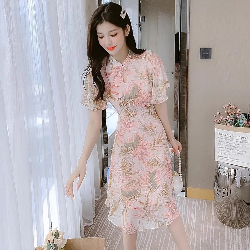 Improved Cheongsam Chiffon Dress For Women Summer Wear 2025 Fashion Design Slim Temperament Elegant Dress W123