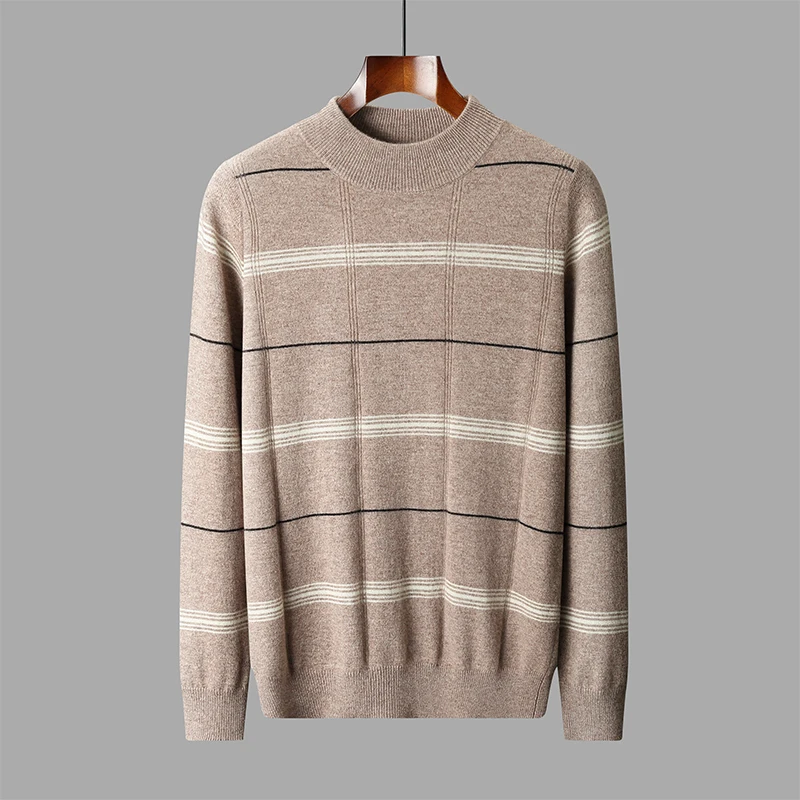 100% pure wool men's semi-high neck thick striped sweater business casual autumn and winter new knitted bottoming shirt.