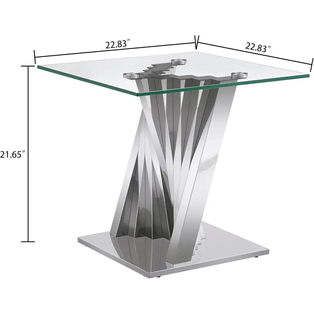 Stainless Steel and Tempered Glass Modern Side Table with Silver Mirror Finish
