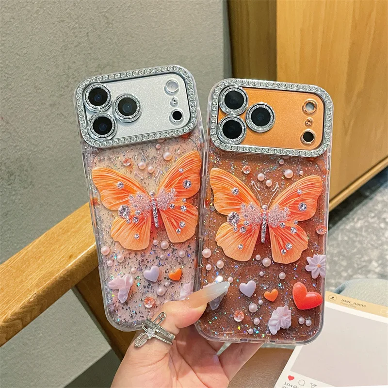 Luxuriöse Diamant-Pailletten-Schmetterlings-Handyhülle für iPhone 17, 16, 15, 13, 14, Pro Max, glitzernde Linse, stoßfeste Schutzhülle