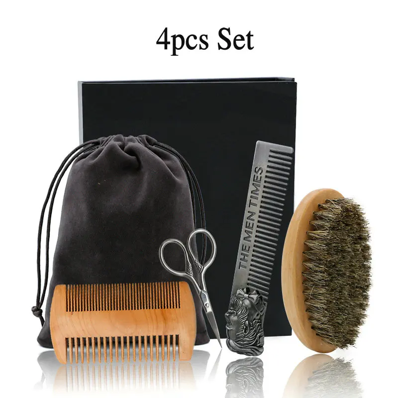 

4Pcs Set Wood Beard Kit Beard Brush Scissor Set Double-Sided Styling Comb Repair Modeling Cleaning Care Kit for Men Gift