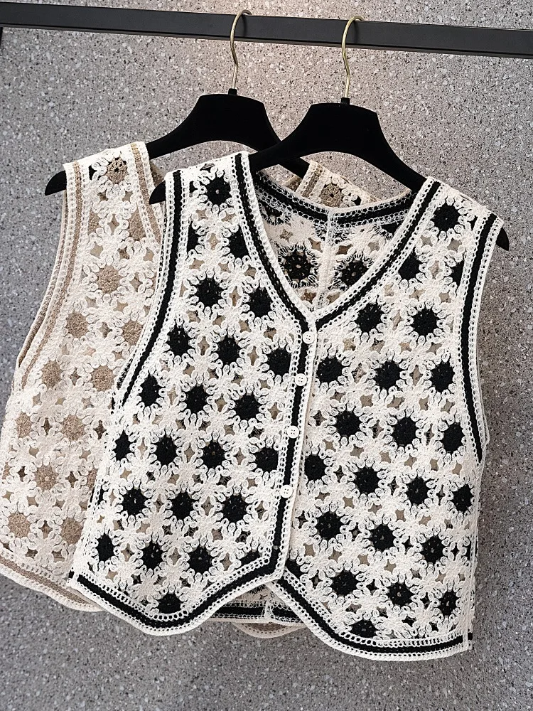 

plus Size Knitted Hook Flower Vest Women's Summer New Vintage Ethnic Style Age Reduction Slimming Top V-neck Single Button Cl...