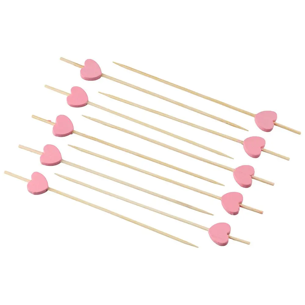 100Pcs Heart-Shaped Fruit Toothpicks Pink Disposable Sushi Stick 4.7 Inch Natural Bamboo Toothpicks