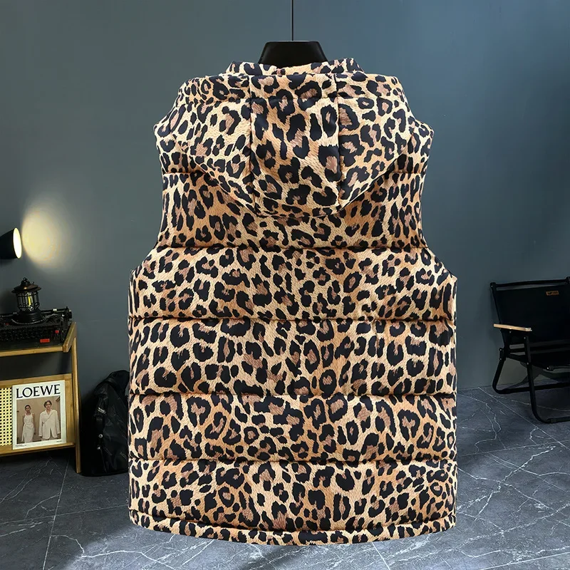 Winter Sleeveless Jacket Men Leopard Print Outerwear Vest Jacket Zipper Warm Thick Down Cotton Hooded Vest Man Slim Fit Coat