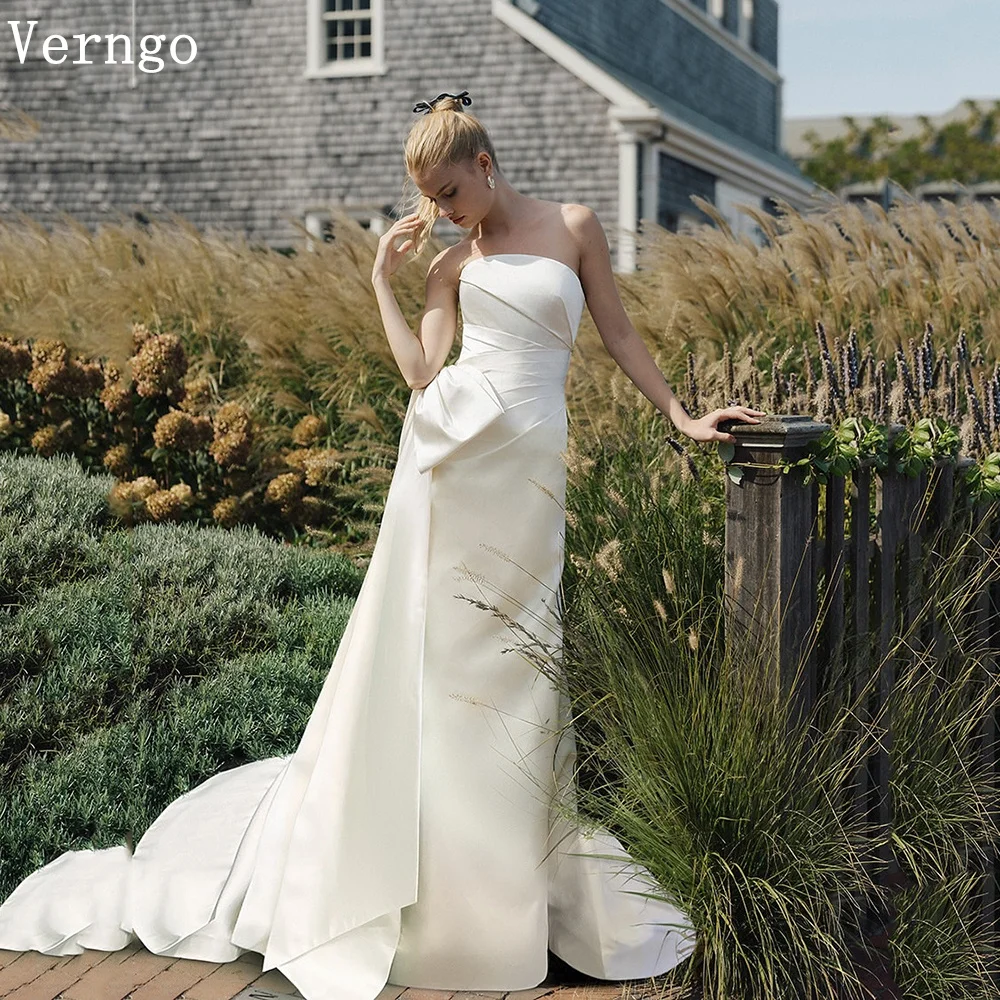 Verngo lvory Satin Wedding Dress Strapless Mermaid Pleat Bride Dresses Women Simple Sweap Train Bridal Gowns Customized