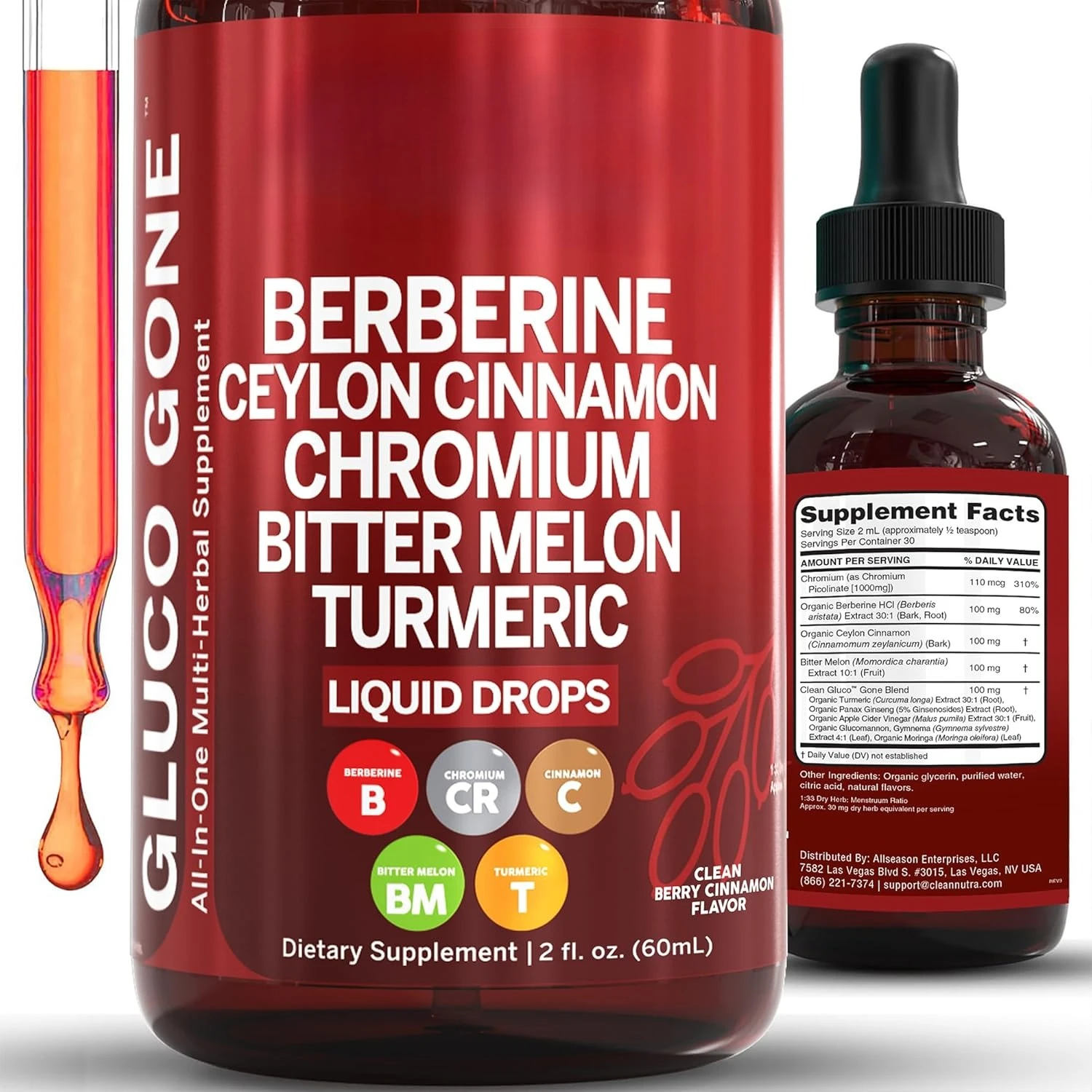 Suplemento Líquido de Berberina con Canela de Ceilán + Extracto de Melón Amargo, Glucomanano, Gymnema, Cromo, Cúrcuma, Orgánico