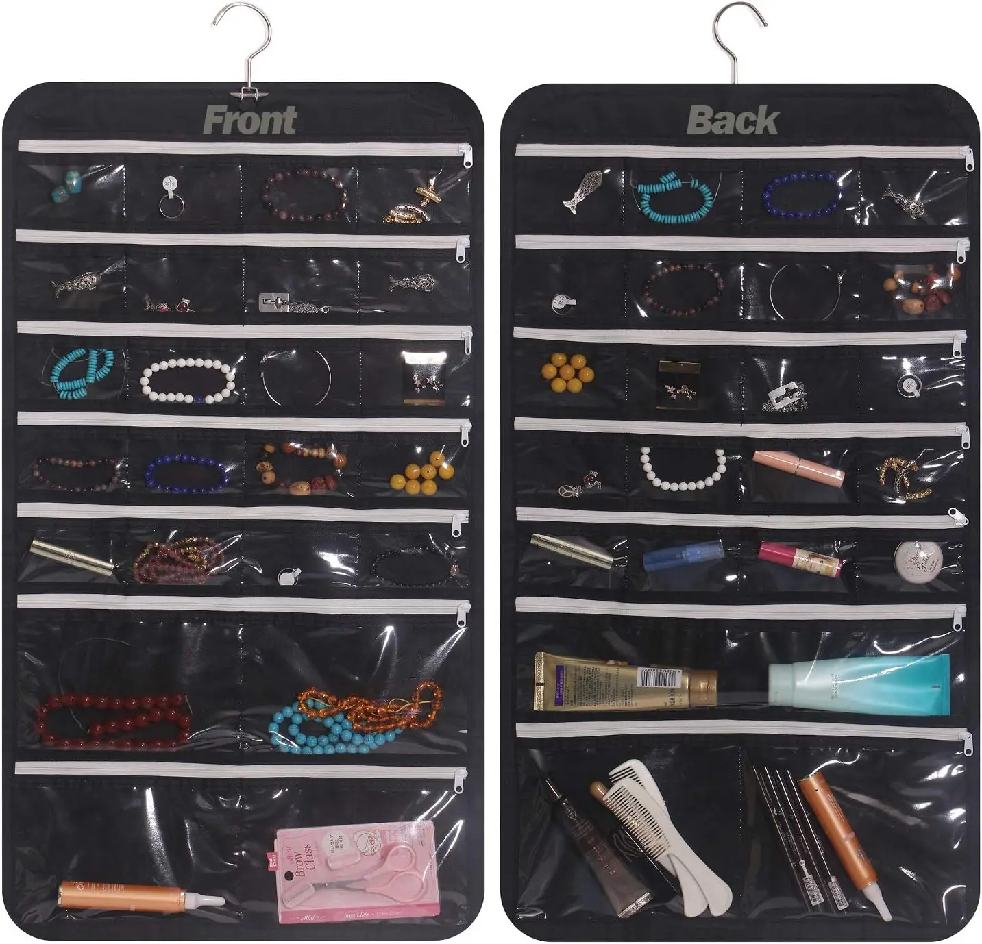 

47 Pocket Hanging Jewelry Organizer with Zipper - Travel Storage for Earrings, Necklaces, Bracelets
