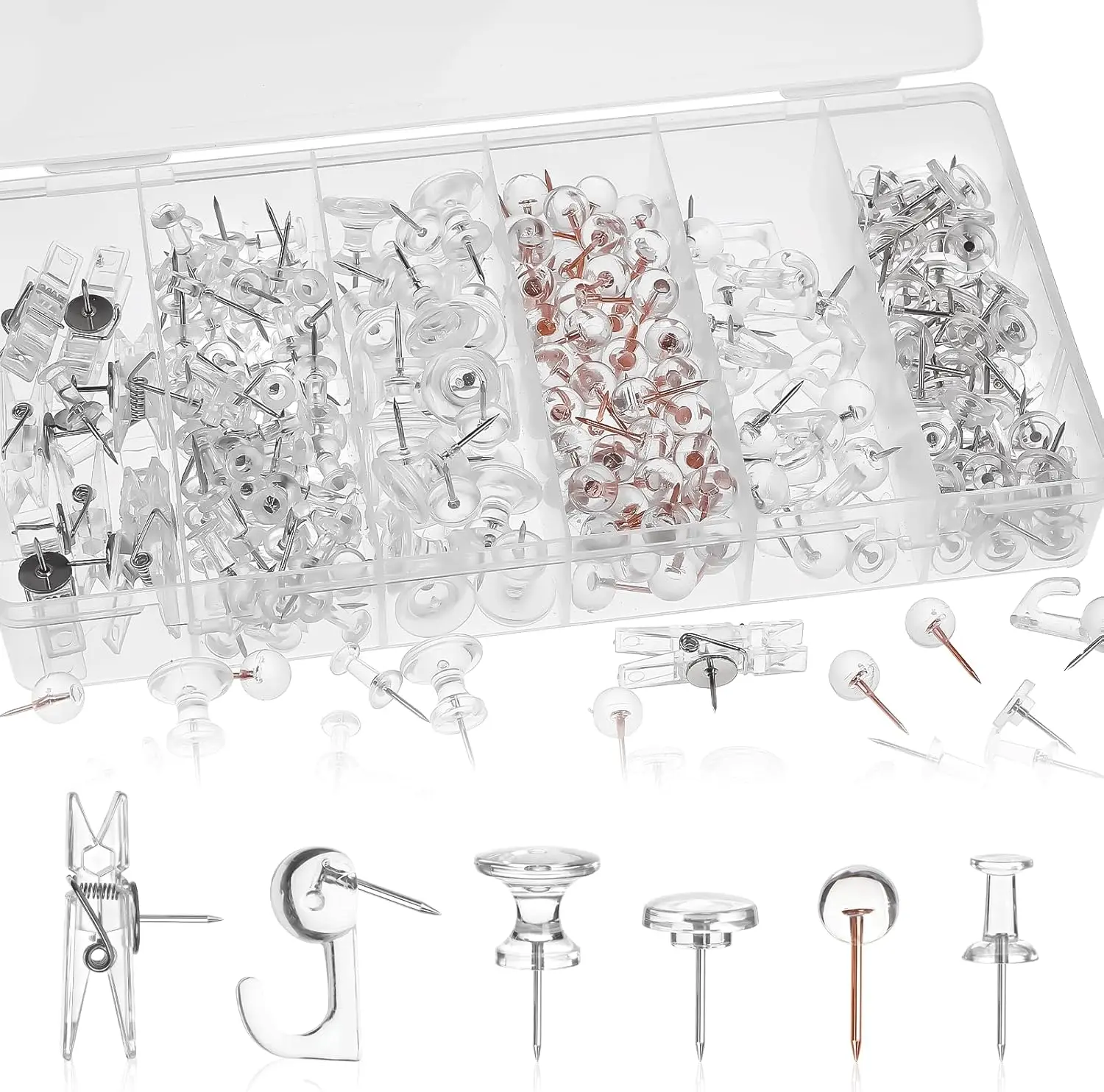 

290 Pcs Push Pins Set, 6 Styles Thumb Tacks for Cork Board, Wall, Office, Home - Clear