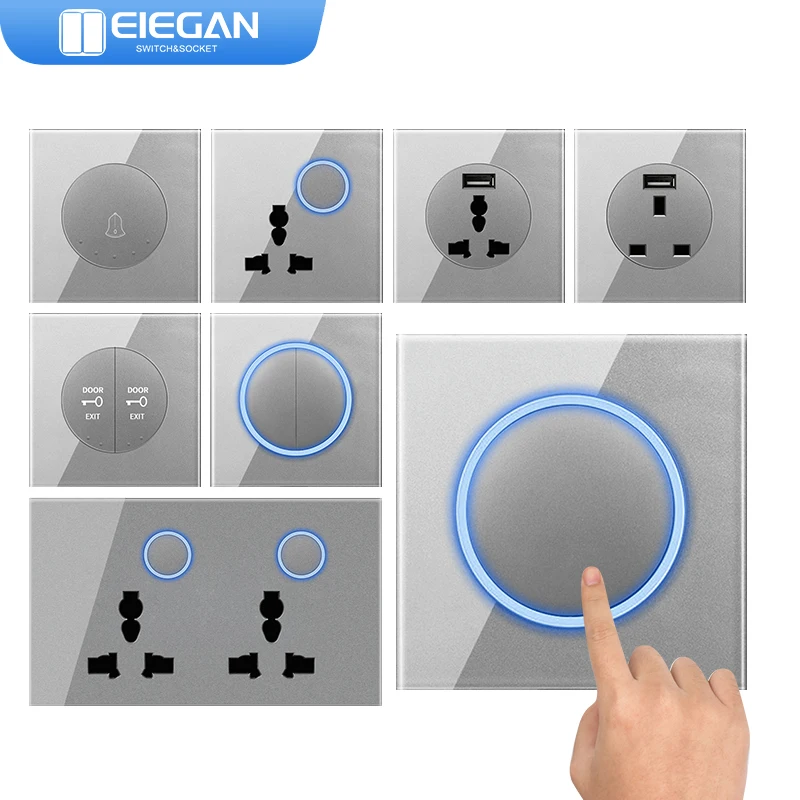 

ELEGAN 1/2/3/4Gang AC110-250V Grey Tempered Glass Panel Wall USB Switch Circle LED Indicator Power Socket Outlet Lamp Switches