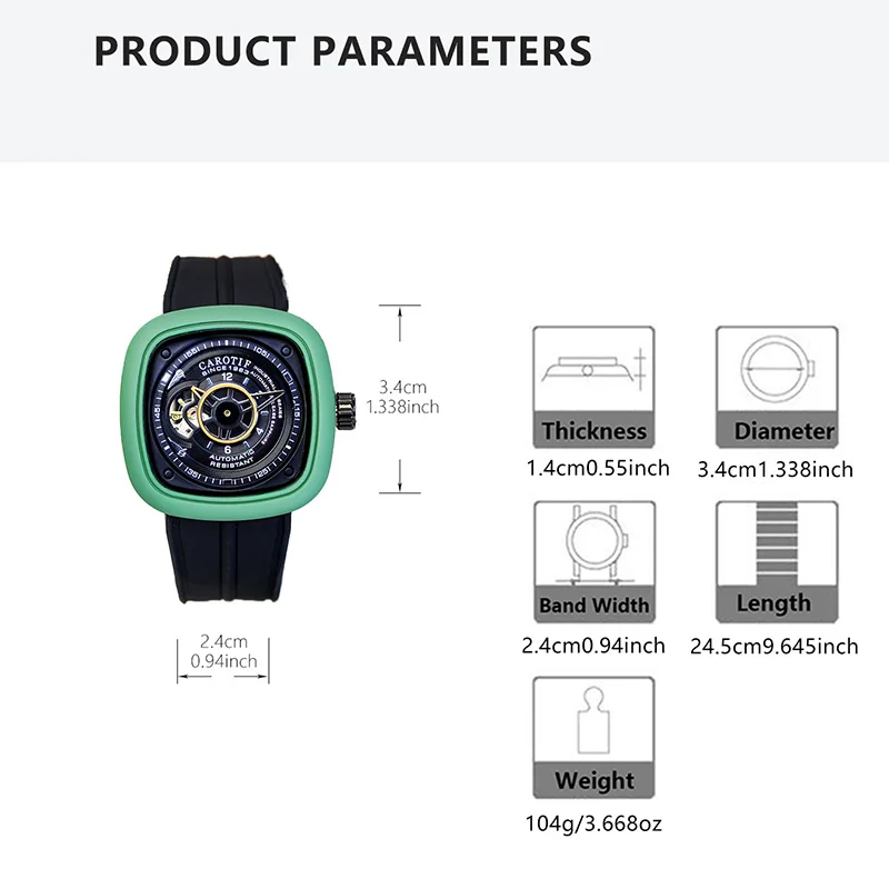 ساعة ميكانيكية أوتوماتيكية بالكامل بشريط أسود كلاسيكي أنيق مربع هيكل عظمي توربيون للرجال #2