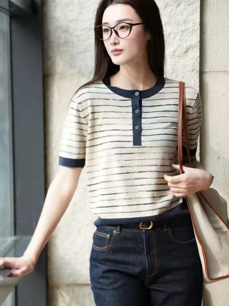 

High-End Gradient Stripe Short Sleeve Knitted T-Shirt Women's Casual Loose Fit Breathable Comfortable True Y Silk Contrast Color