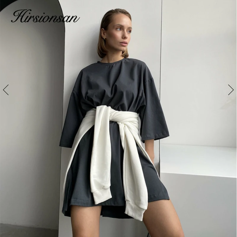 Hirsionsan Elegant Dark Grey Loose Cotton Dresses Women Soft Casual Homewear T Shirt Dress  Vacation Female Long T Shirt 2023