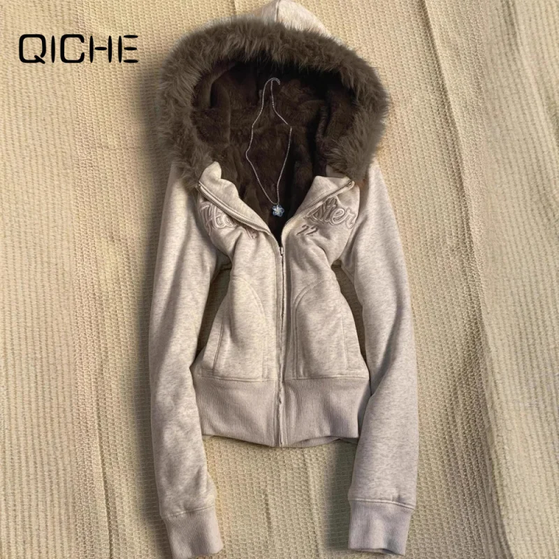 QICHE Women Vintage Hooded Sweatshirt Embroidered Faux Fur Collar Long Sleeve Pullover Casual Outer Jacket