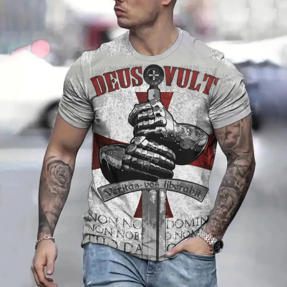 2024 Summer Retro T-shirt Knights Templar Print T Shirts 3D Print Men's T-shirts Casual Streetwear Couple Tees Short Sleeve Tops