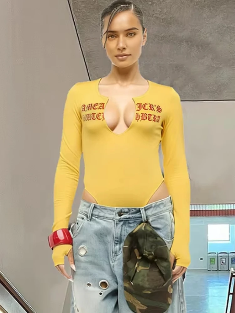 

Macheda Autumn Trend Hot Girls Bodysuits Woman Letter Print Low-Neck Full Sleeve Skinny Stretch High Street Style Classic Tops