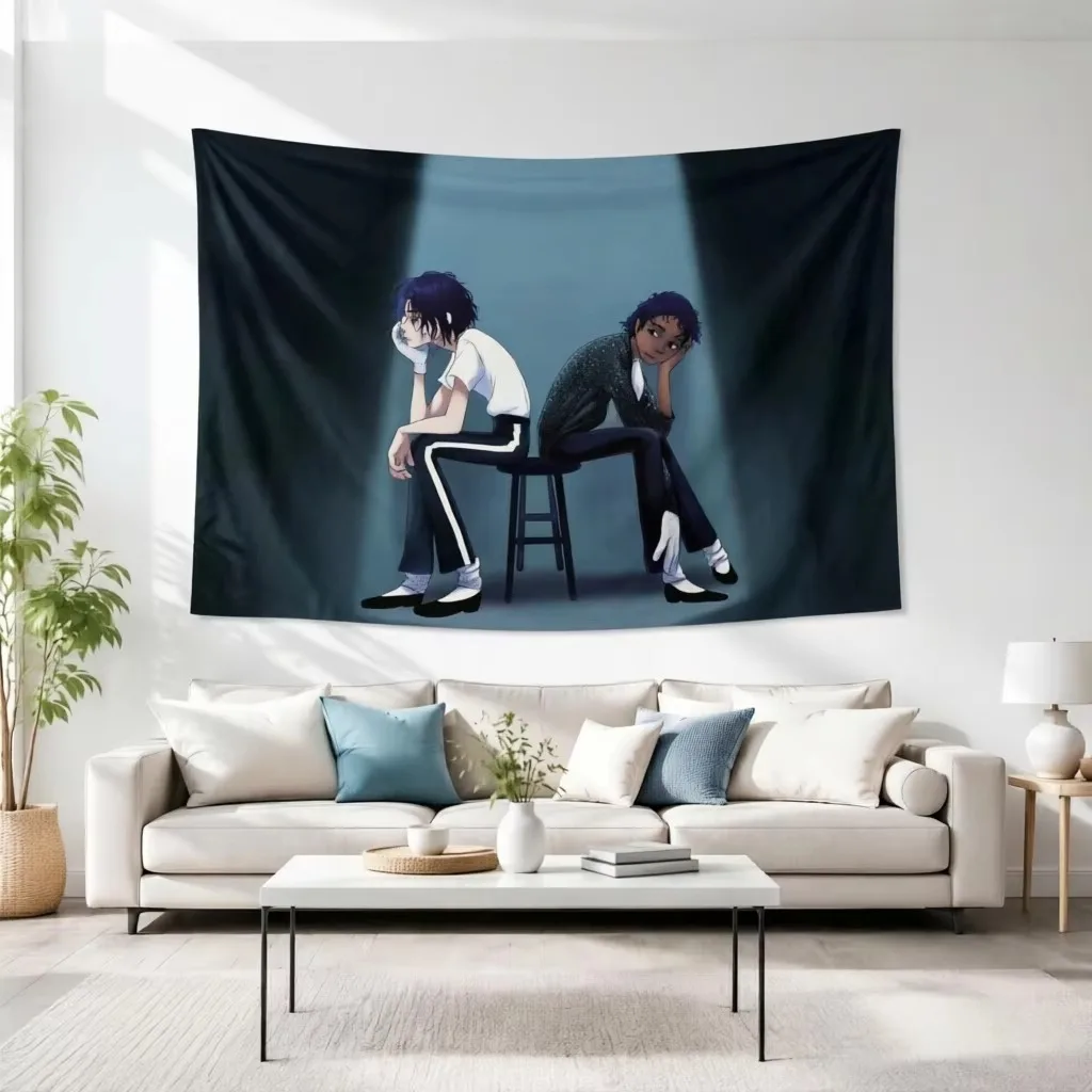 M-Michael J-Jackson Dual Character Tapestry, Back to Back Stool Spotlight Dark Stage Wall Hanging for Dorm Gaming Man Cave Decor
