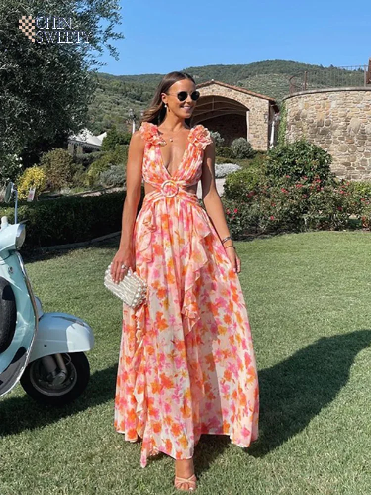 

Women Sexy Backless Long Dresses New Elegant Printing Deep V Sling Dress Summer Holiday High Waist Ruffled Beach Maxi Gowns