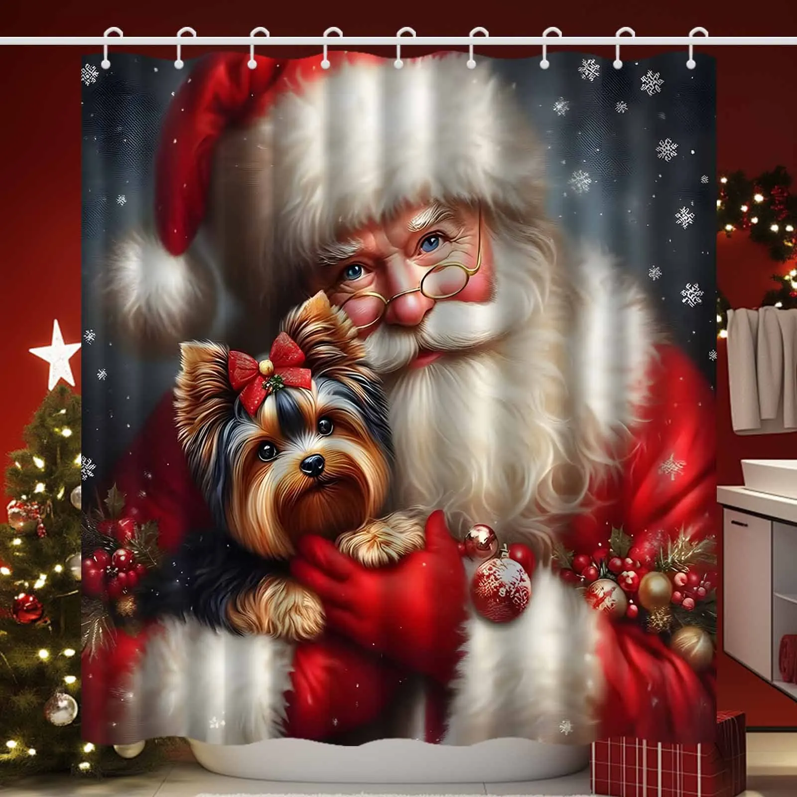 Santa Claus Holding Yorkshire Terrier Shower Curtain - Festive Christmas Bathroom Decor with Snowflakes & Holly