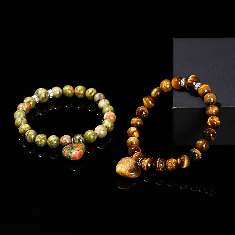 JD Natural Pink Quartz Yellow Tiger Eye Unakite Heart Pendant Beaded Bracelet Women Lovers Elegant Handmade Stretch Healing Gift